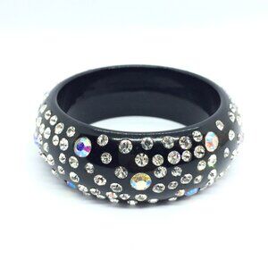 VINTAGE CHUNKY RHINESTONE Bangle Black Runway AB Crystal Statement Bracelet 80s